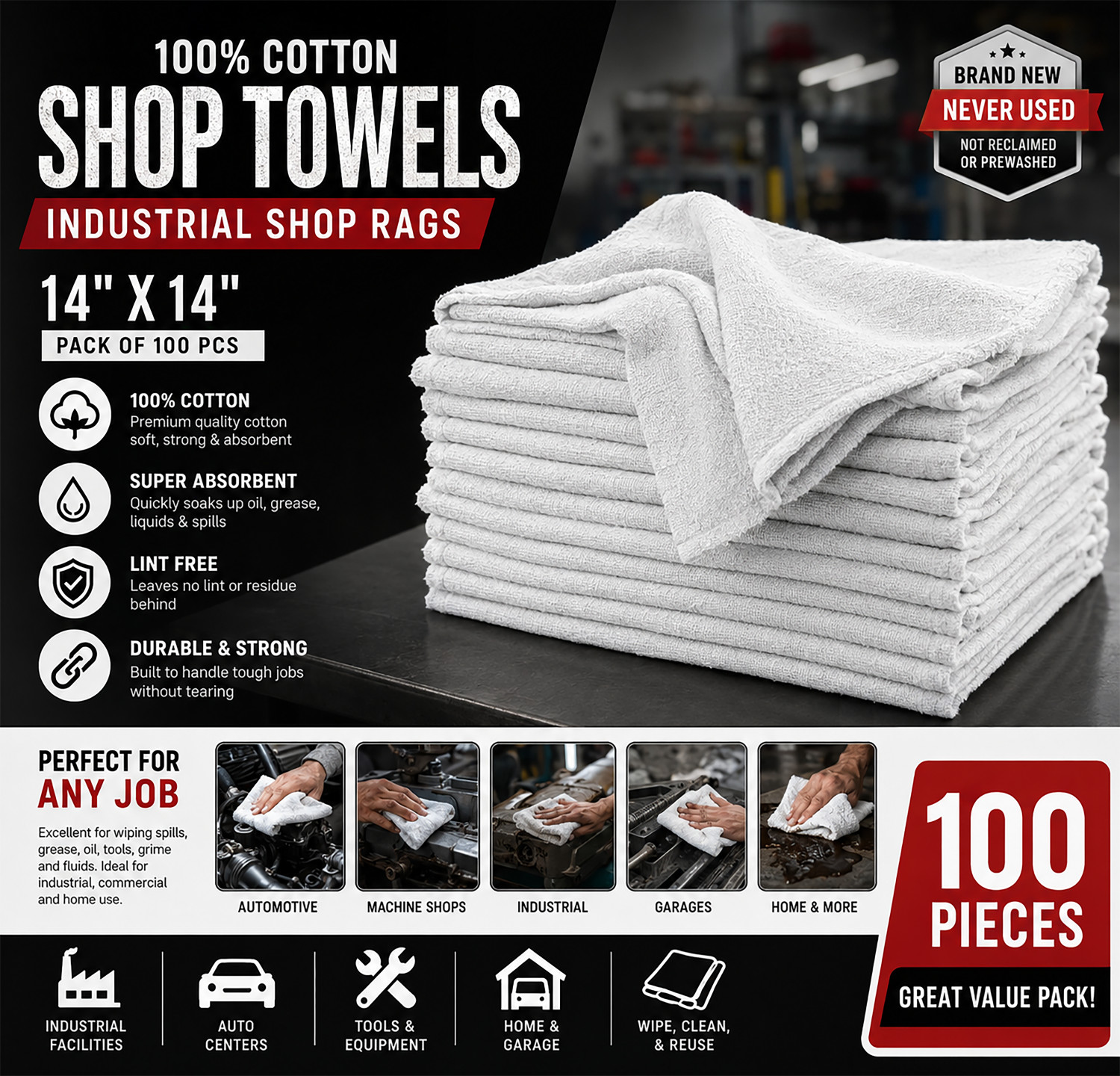 100% Cotton Shop Towels Industrial Shop Rags 14" X 14" - Pack of 100 Pcs