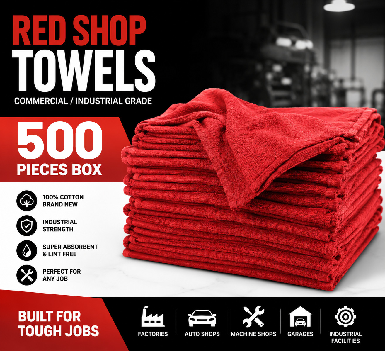 Shop Towels Red-Commercial/Industrial Grade 14" X 14" -500 Piece Box -NEW 100% Cotton
